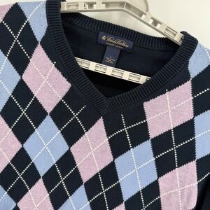Brooks Brothers Mens Argyle Sweater Large V Neck Pullover Navy Preppy Trendy